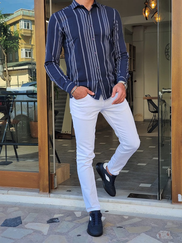 Bano Navy Blue Slim Fit Long Sleeve Striped Cotton Shirt-baagr.myshopify.com-Shirt-BOJONI