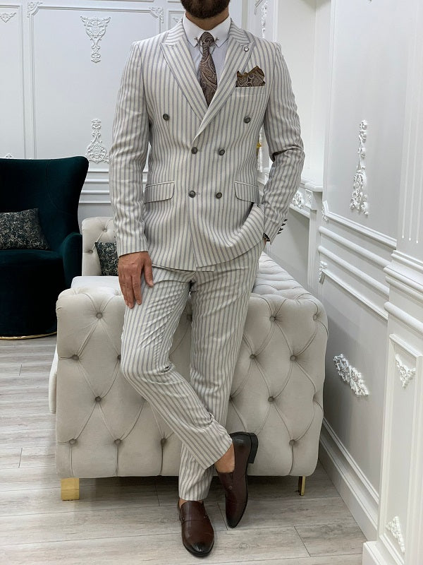 Varteni Beige Slim Fit Peak Lapel Double Breasted Striped Suit-baagr.myshopify.com-1-BOJONI