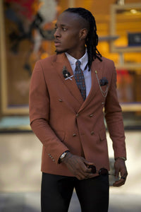 Bojoni Amato di Shagori Stepani Slim Fit Double Breasted Camel Detailed Blazer