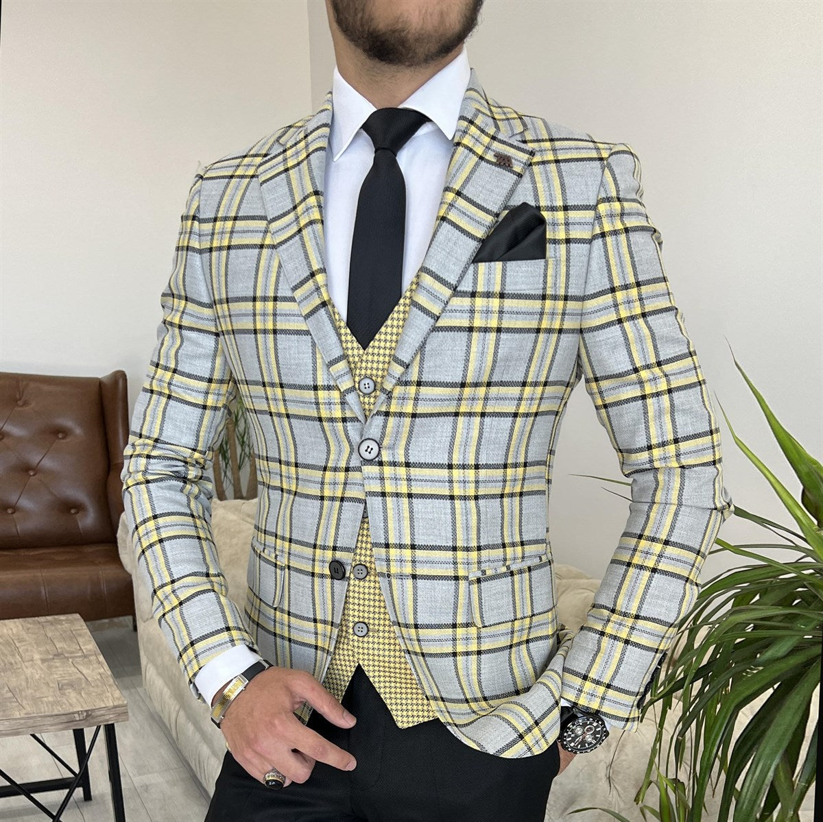 Bojoni Cagliari Grey Plaid Slim-Fit Suit 3-Piece