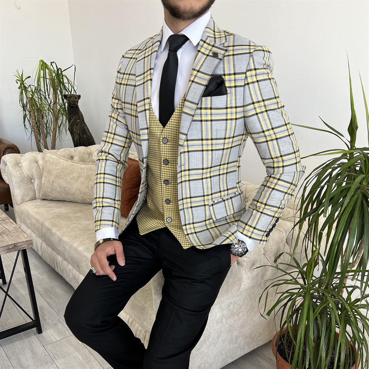 Bojoni Cagliari Grey Plaid Slim-Fit Suit 3-Piece