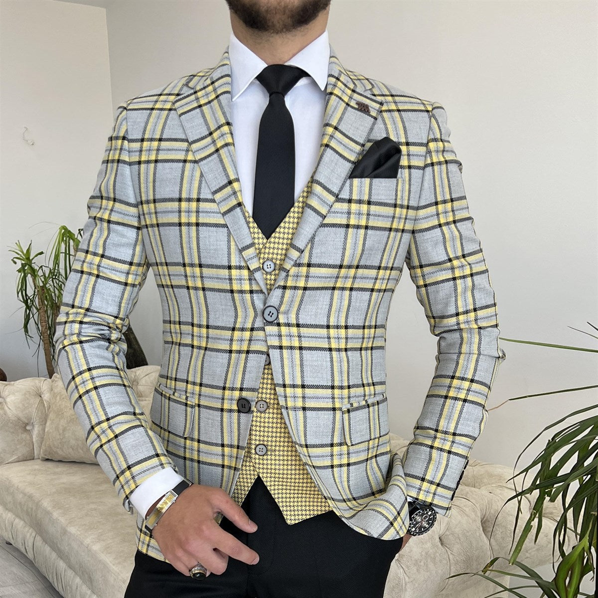 Bojoni Cagliari Grey Plaid Slim-Fit Suit 3-Piece