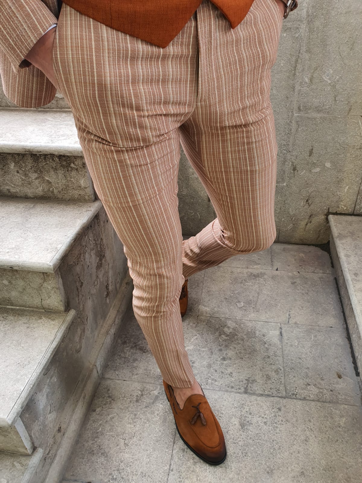 Shelton Seersucker Slim Fit Beige Pants-baagr.myshopify.com-Pants-BOJONI