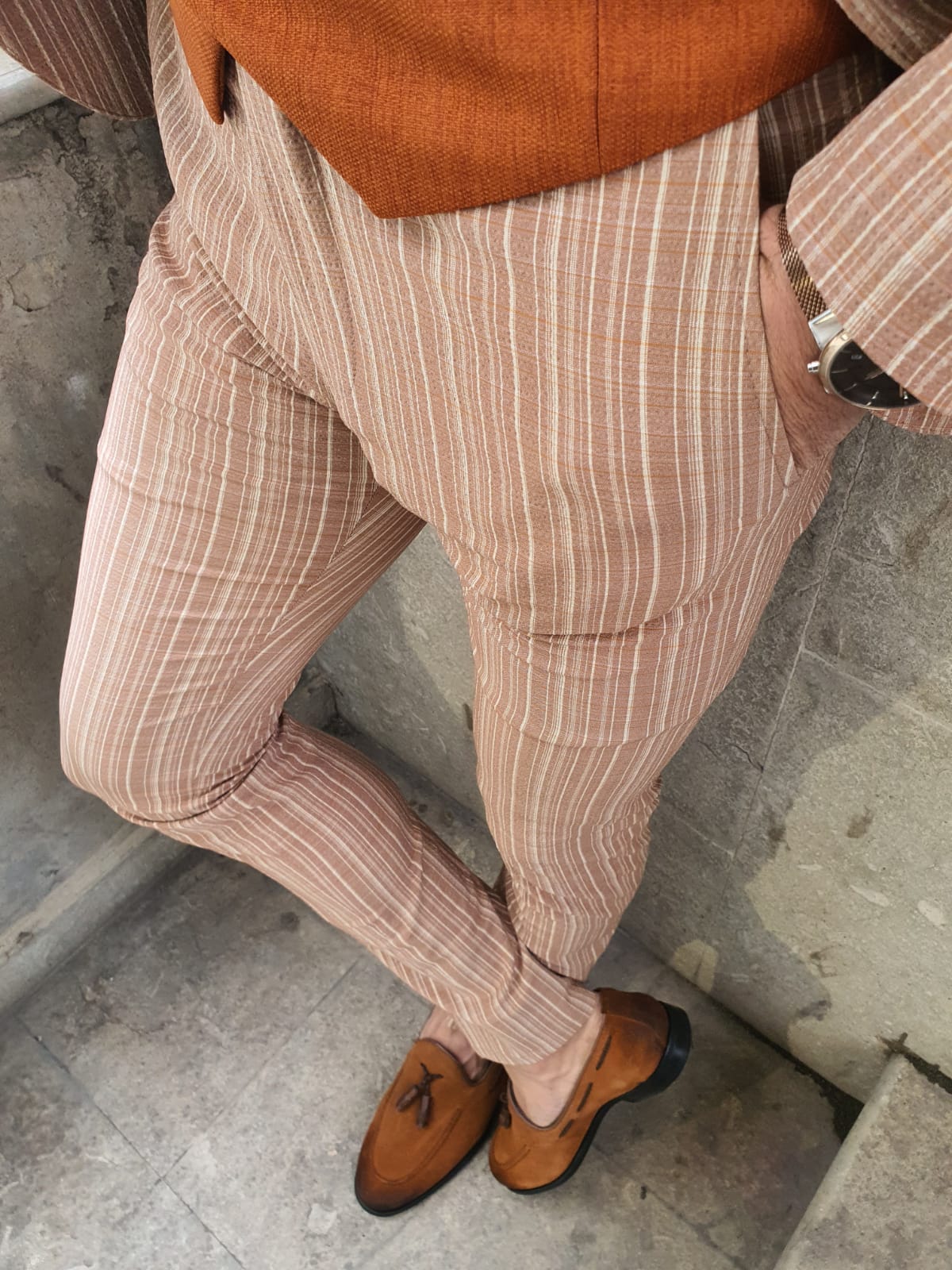 Shelton Seersucker Slim Fit Beige Pants-baagr.myshopify.com-Pants-BOJONI