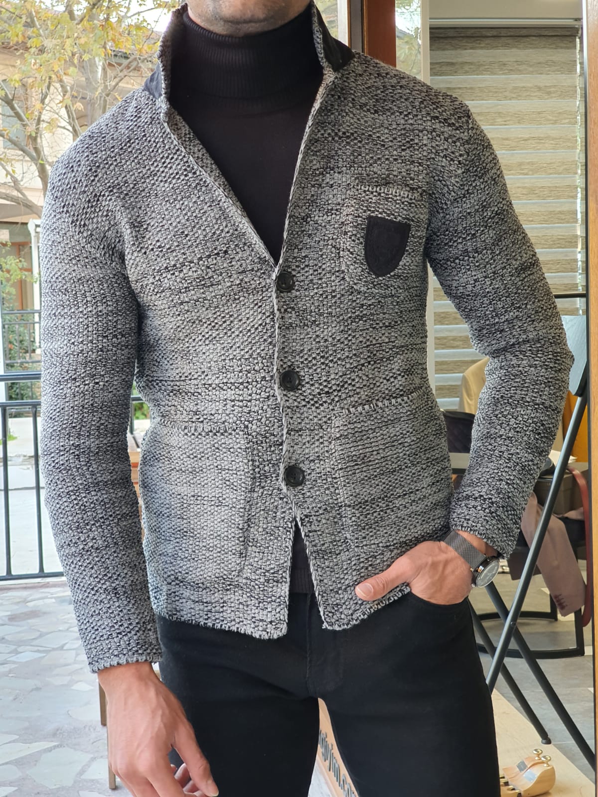 Saponi Slim-fit Buttoned Knitwear Jacket Black-baagr.myshopify.com-Jacket-BOJONI