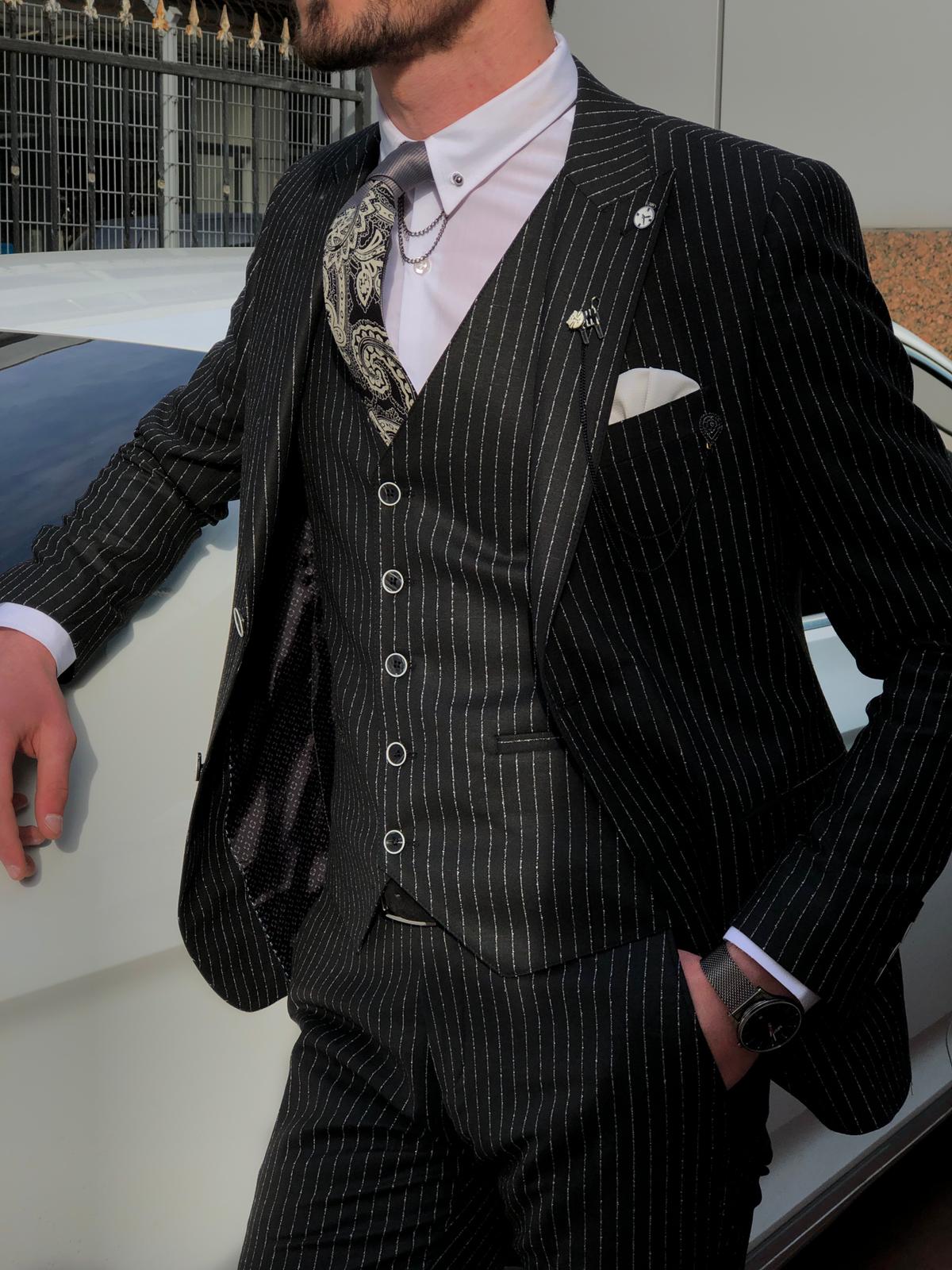 Deswesh Slim-Fit Striped Suit Vest Black-baagr.myshopify.com-suit-BOJONI