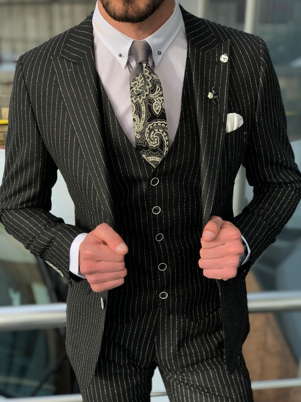 Deswesh Slim-Fit Striped Suit Vest Black-baagr.myshopify.com-suit-BOJONI