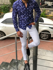 Blake Dark Blue Patterned Slim Shirt-baagr.myshopify.com-Shirt-BOJONI