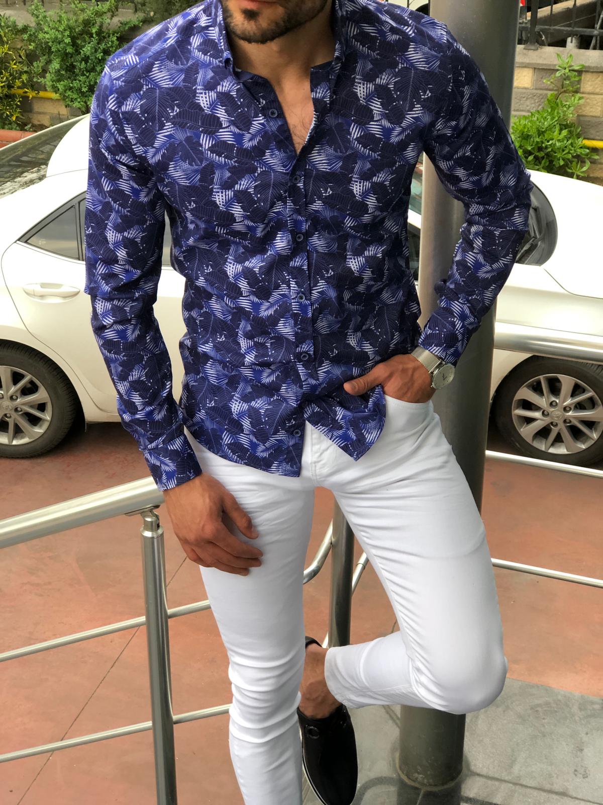 Blake Dark Blue Patterned Slim Shirt-baagr.myshopify.com-Shirt-BOJONI