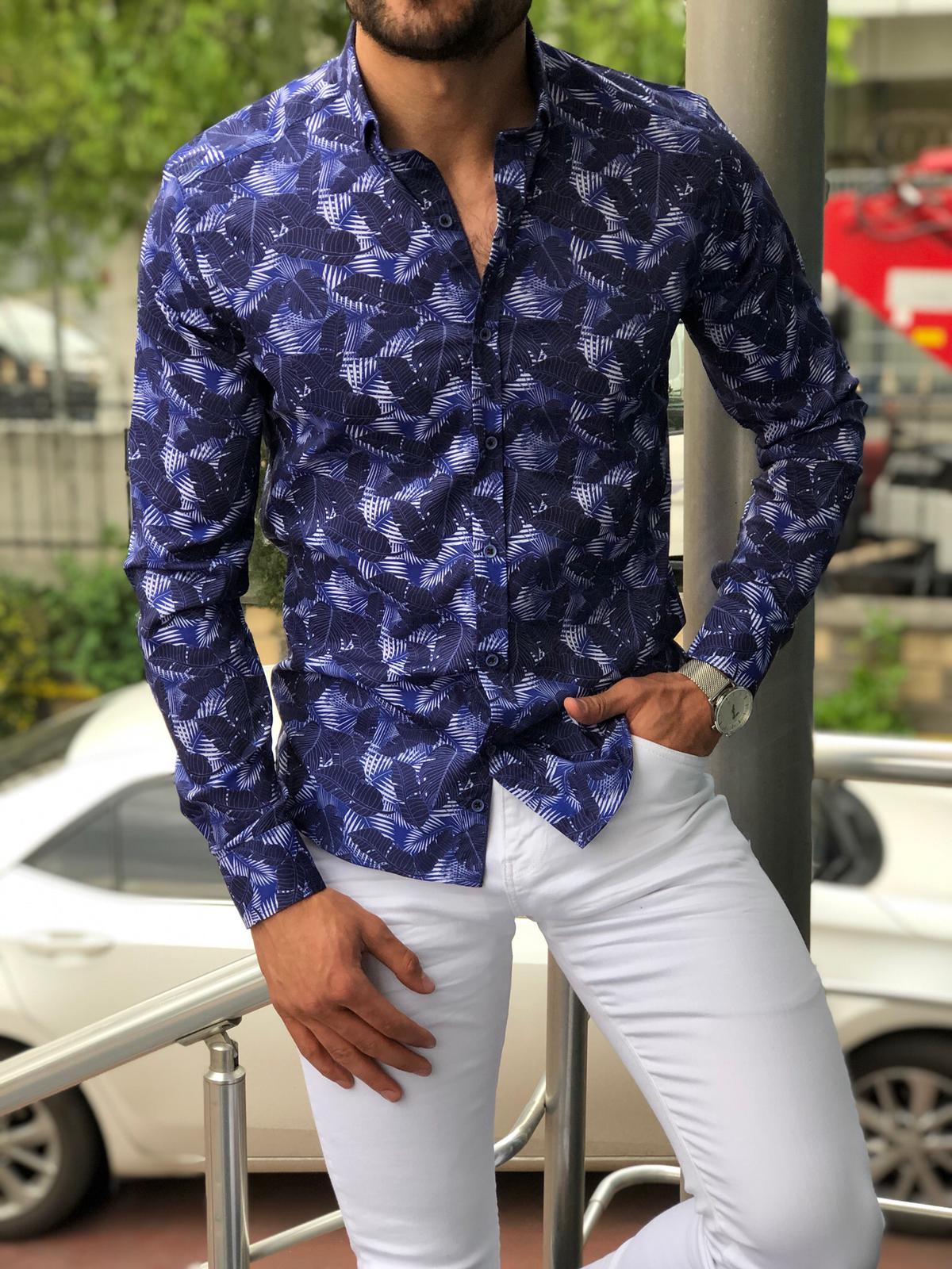 Blake Dark Blue Patterned Slim Shirt-baagr.myshopify.com-Shirt-BOJONI