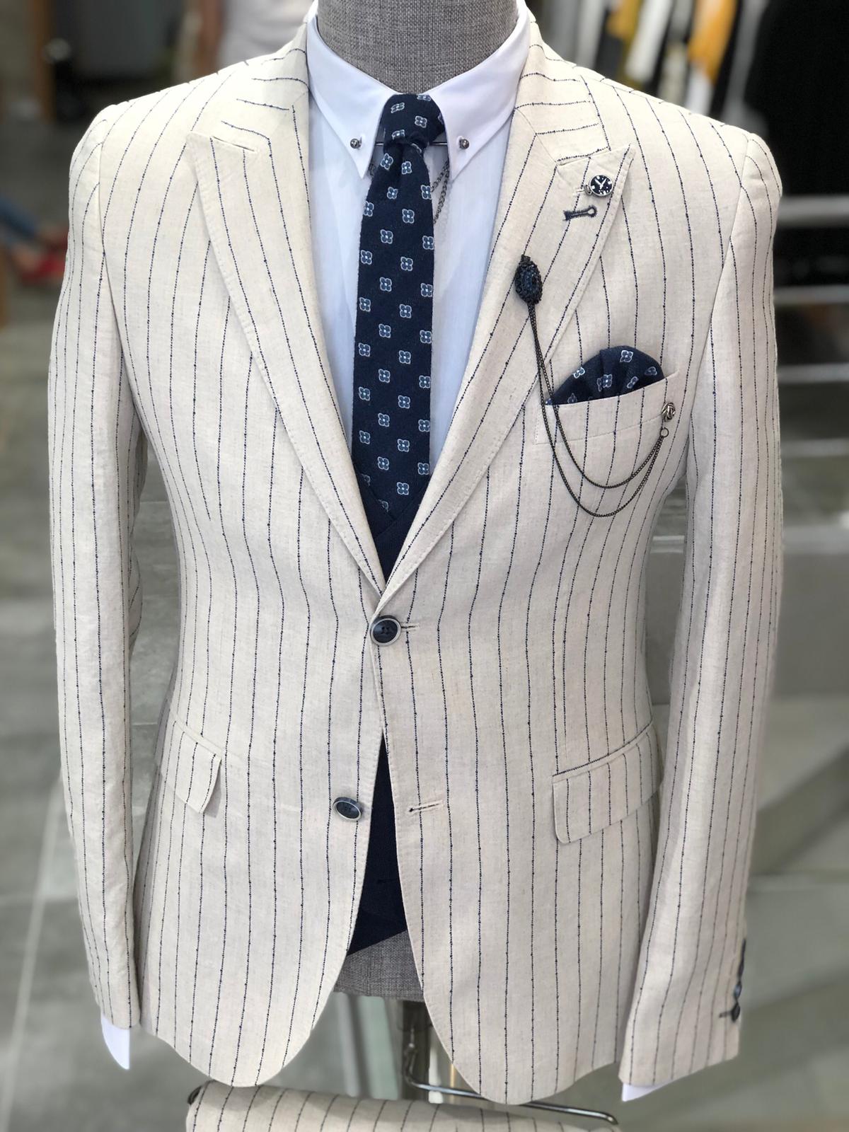 Kukoss  Slim-Fit Striped Suit Vest Ecru-baagr.myshopify.com-suit-BOJONI