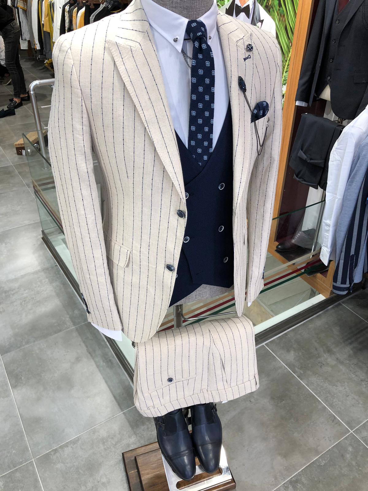 Kukoss  Slim-Fit Striped Suit Vest Ecru-baagr.myshopify.com-suit-BOJONI