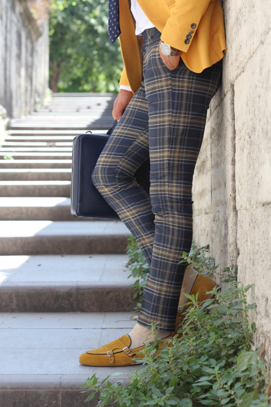 Pac Slim-Fit Plaid Pants in Blue-baagr.myshopify.com-Pants-BOJONI