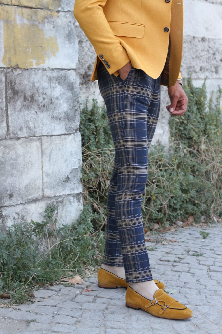 Pac Slim-Fit Plaid Pants in Blue-baagr.myshopify.com-Pants-BOJONI