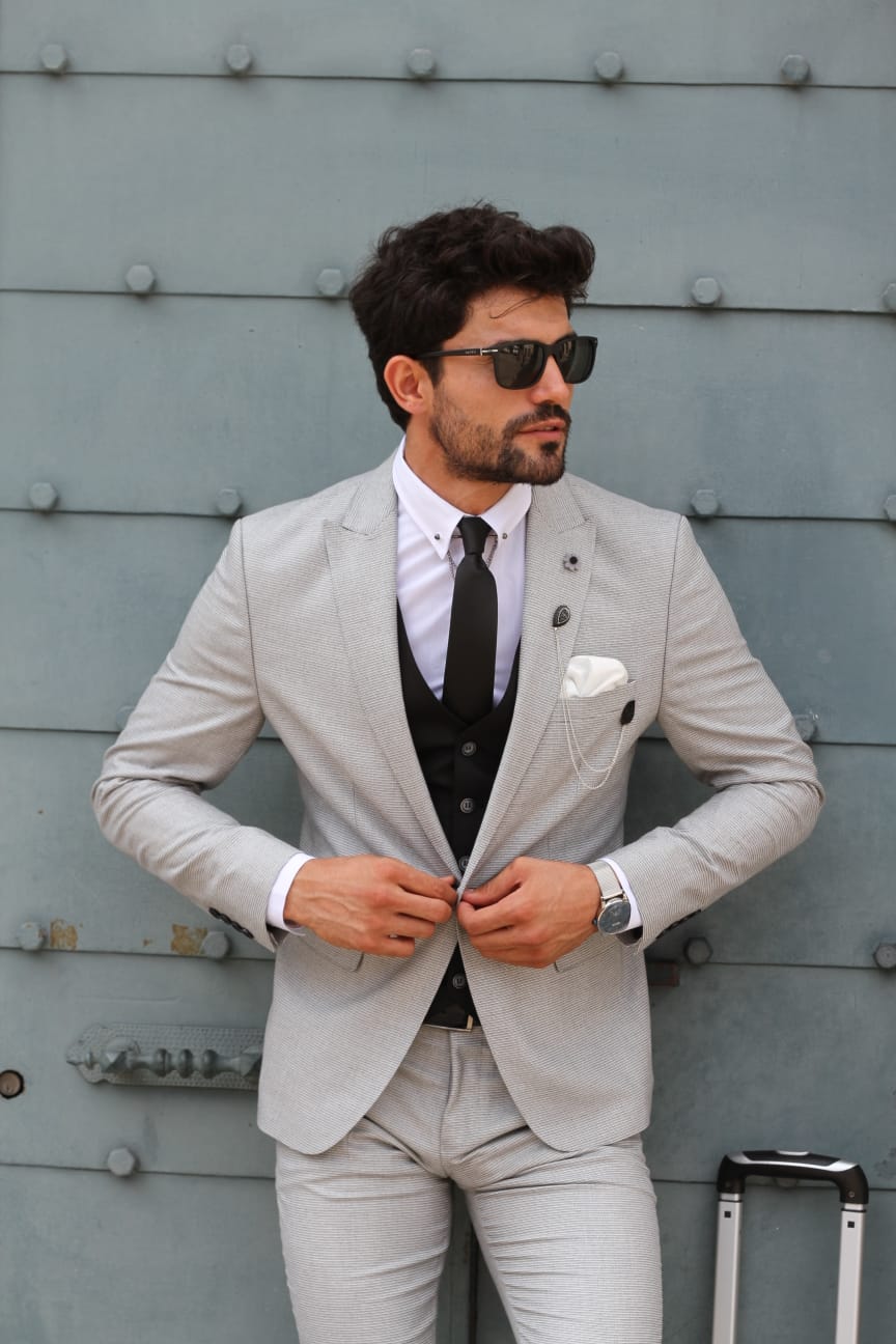 Bojo Slim-Fit Patterned Suit Grey ( BIG SIZES )-baagr.myshopify.com-suit-BOJONI