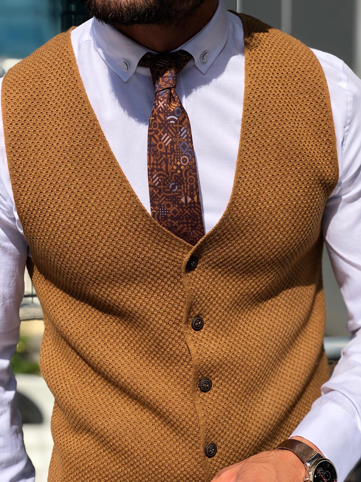 Slim-Fit Patterned Knitwear Vest Tobacco-baagr.myshopify.com-suit-BOJONI