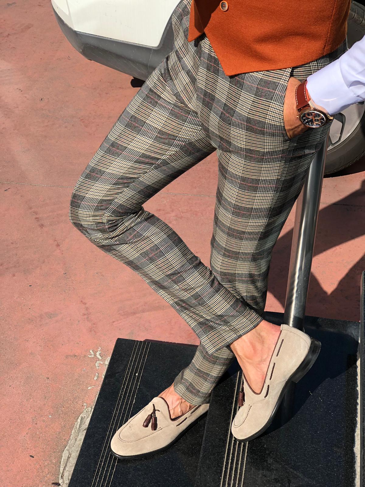 Carlos Slim-fit Plaid Fabric Pants Camel-baagr.myshopify.com-Pants-BOJONI