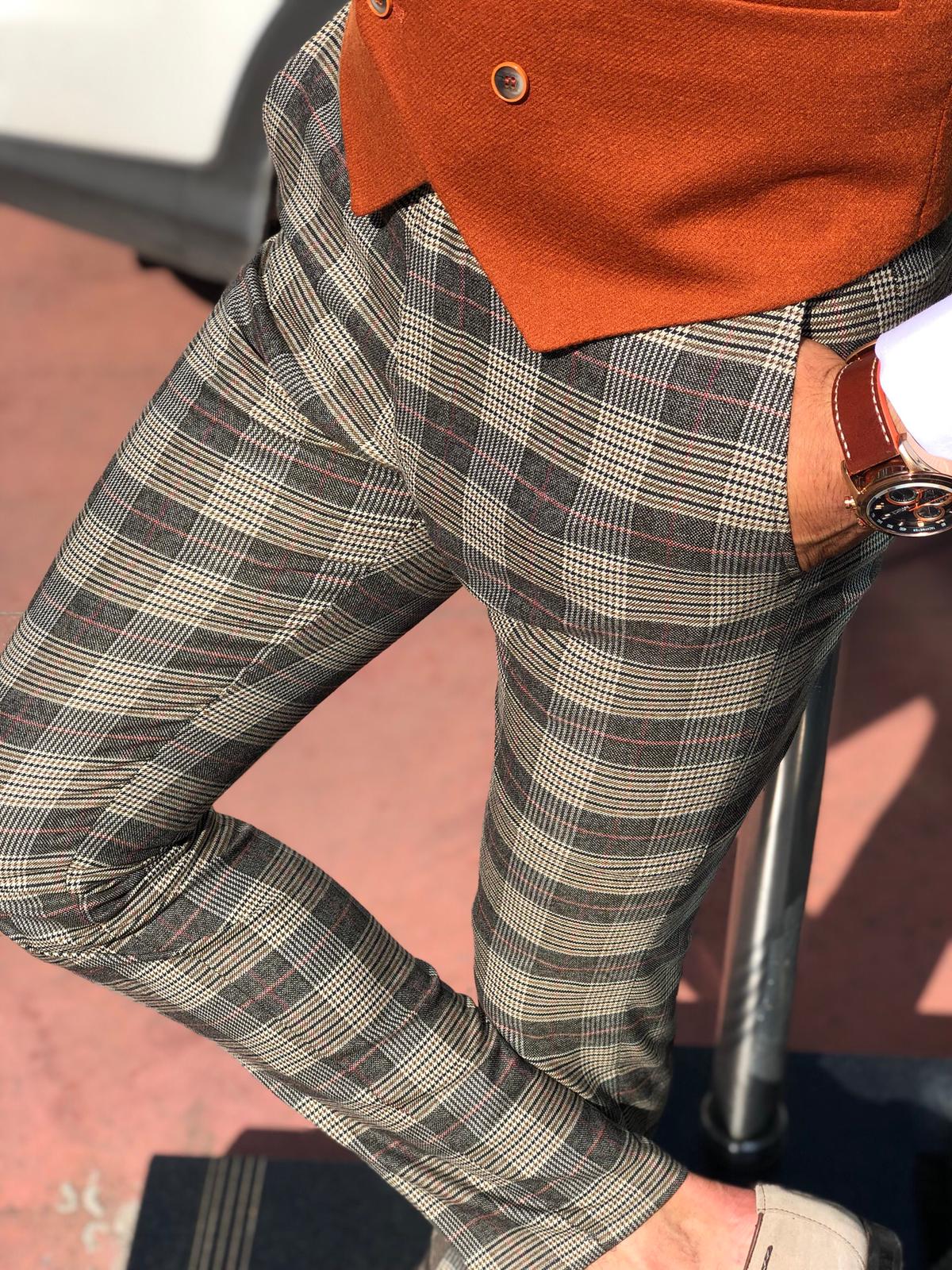 Carlos Slim-fit Plaid Fabric Pants Camel-baagr.myshopify.com-Pants-BOJONI