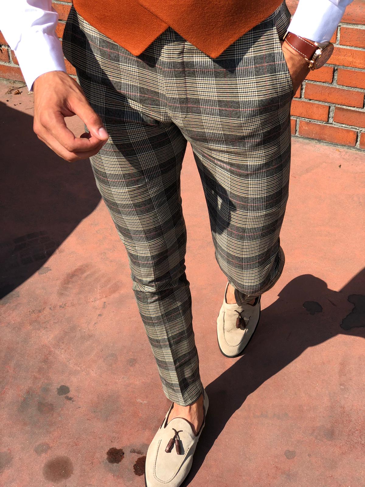 Carlos Slim-fit Plaid Fabric Pants Camel-baagr.myshopify.com-Pants-BOJONI