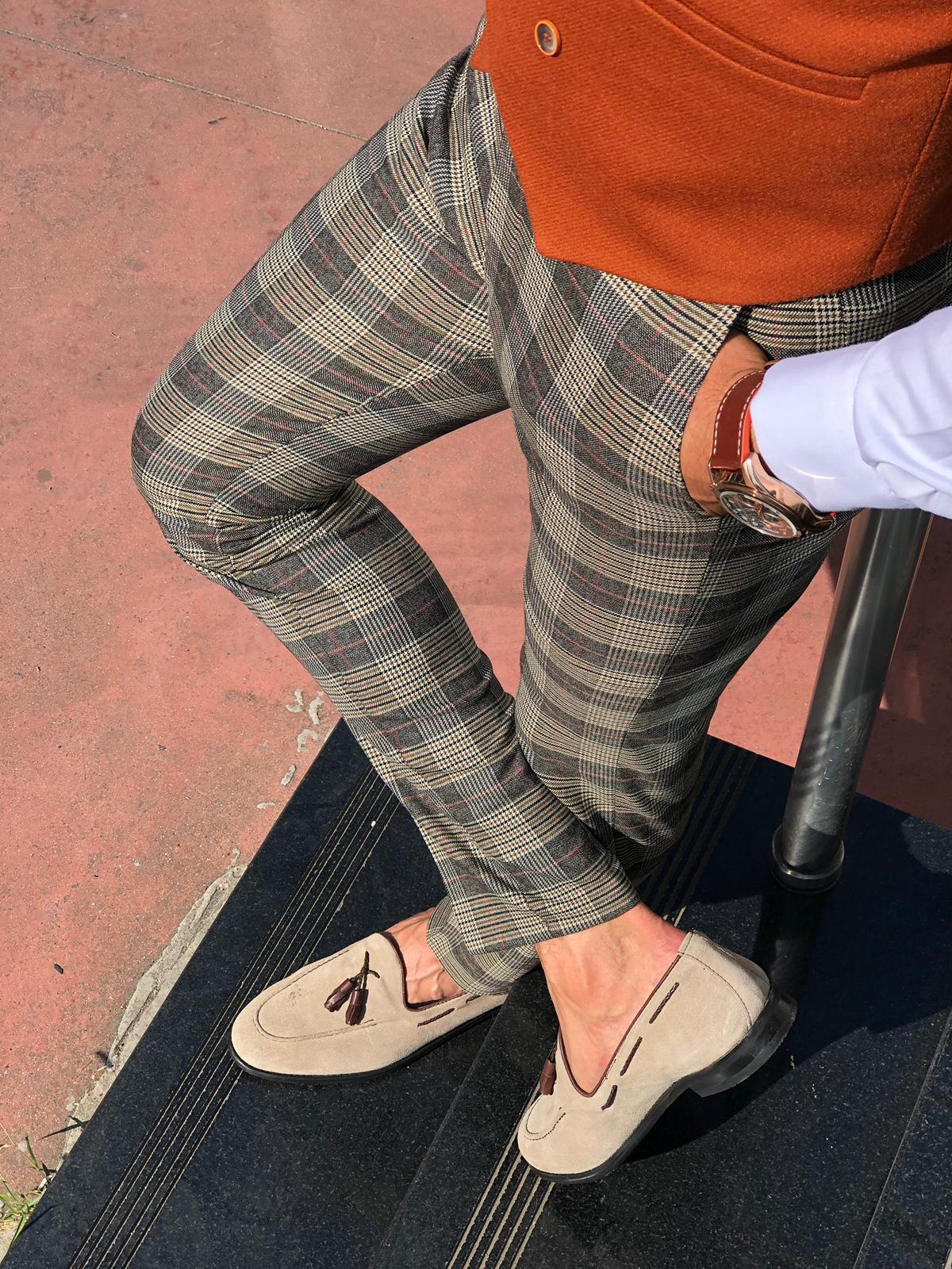 Carlos Slim-fit Plaid Fabric Pants Camel-baagr.myshopify.com-Pants-BOJONI