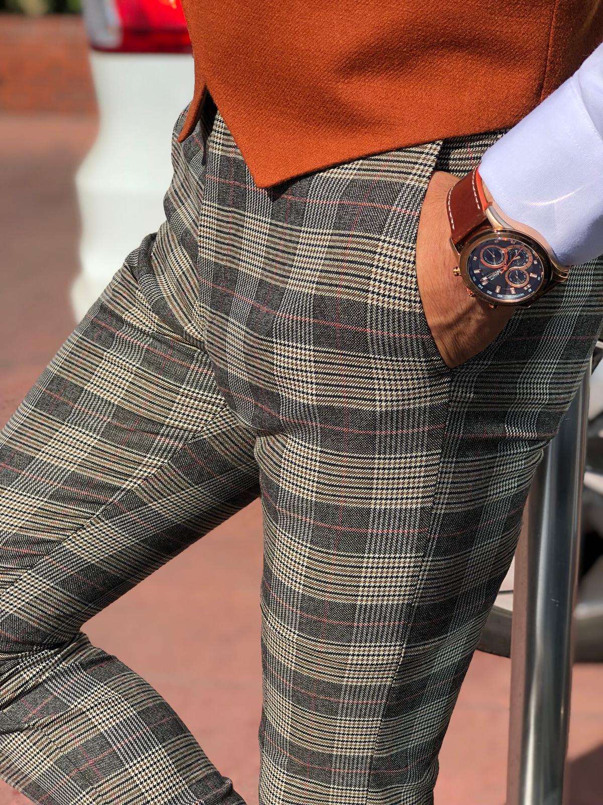 Carlos Slim-fit Plaid Fabric Pants Camel-baagr.myshopify.com-Pants-BOJONI