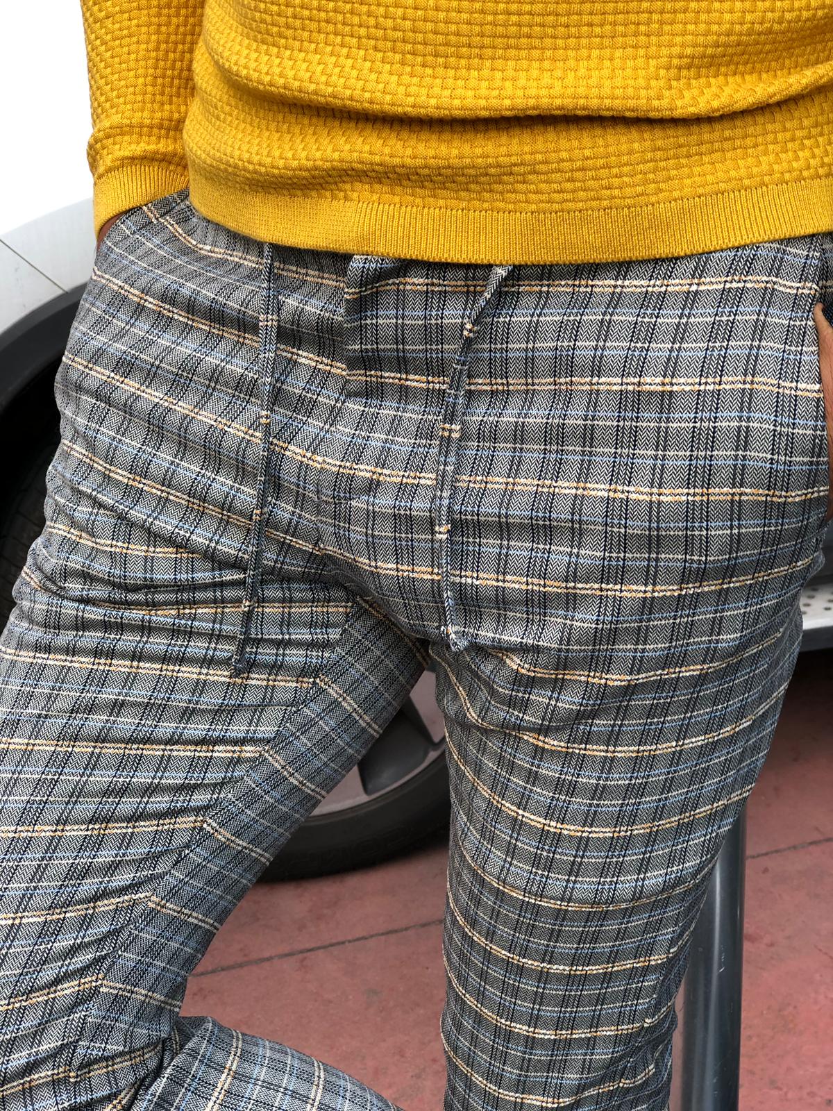 Cris Slim-fit Plaid Pants Grey & Mustard-baagr.myshopify.com-Pants-BOJONI