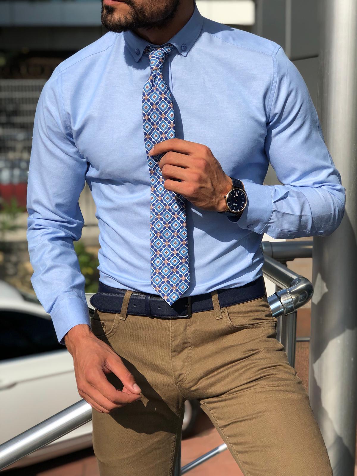 Slim-Fit Button Collar Shirt Blue-baagr.myshopify.com-Shirt-BOJONI