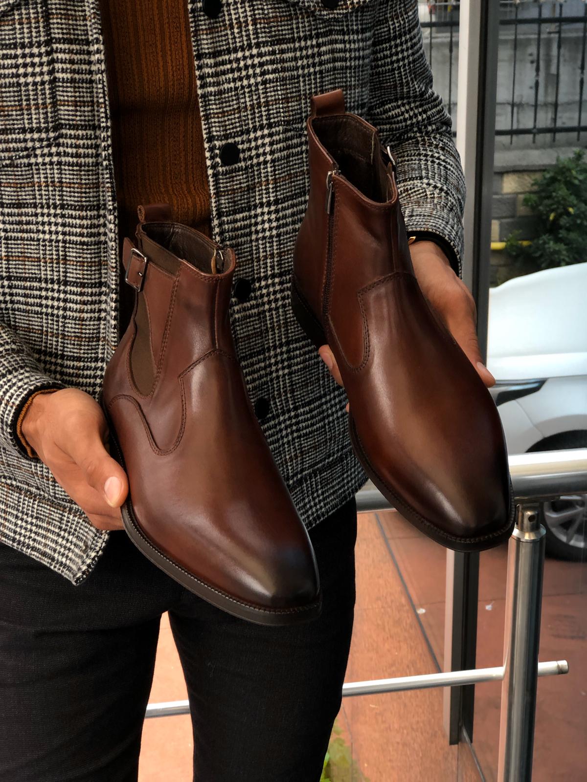 Chelsea Buckle Detail With Classic Leather Boots Brown-baagr.myshopify.com-shoes2-BOJONI