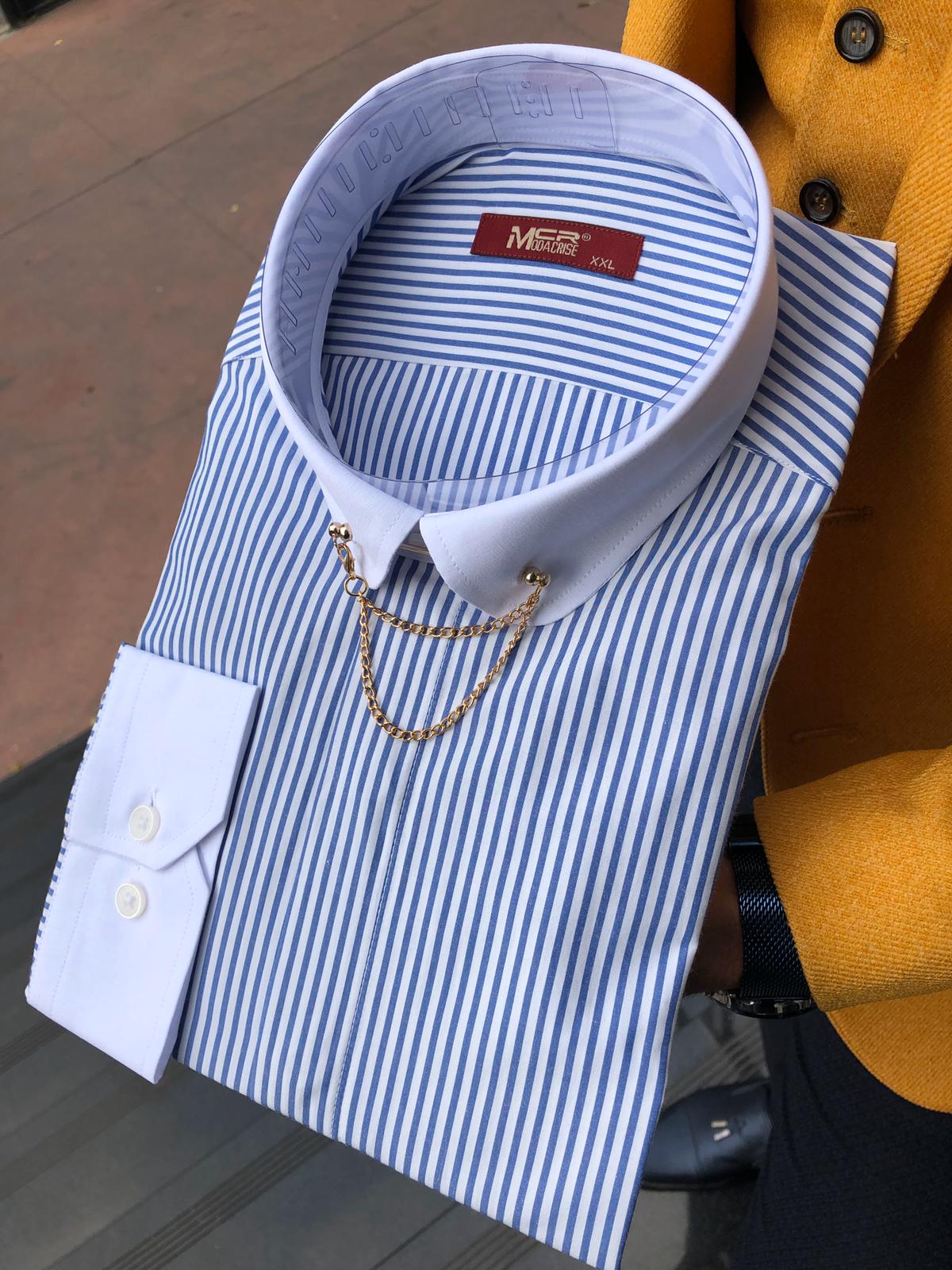 Slim-Fit Striped Chain Collar Shirt Blue-baagr.myshopify.com-Shirt-BOJONI