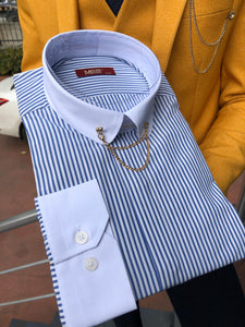 Slim-Fit Striped Chain Collar Shirt Blue-baagr.myshopify.com-Shirt-BOJONI