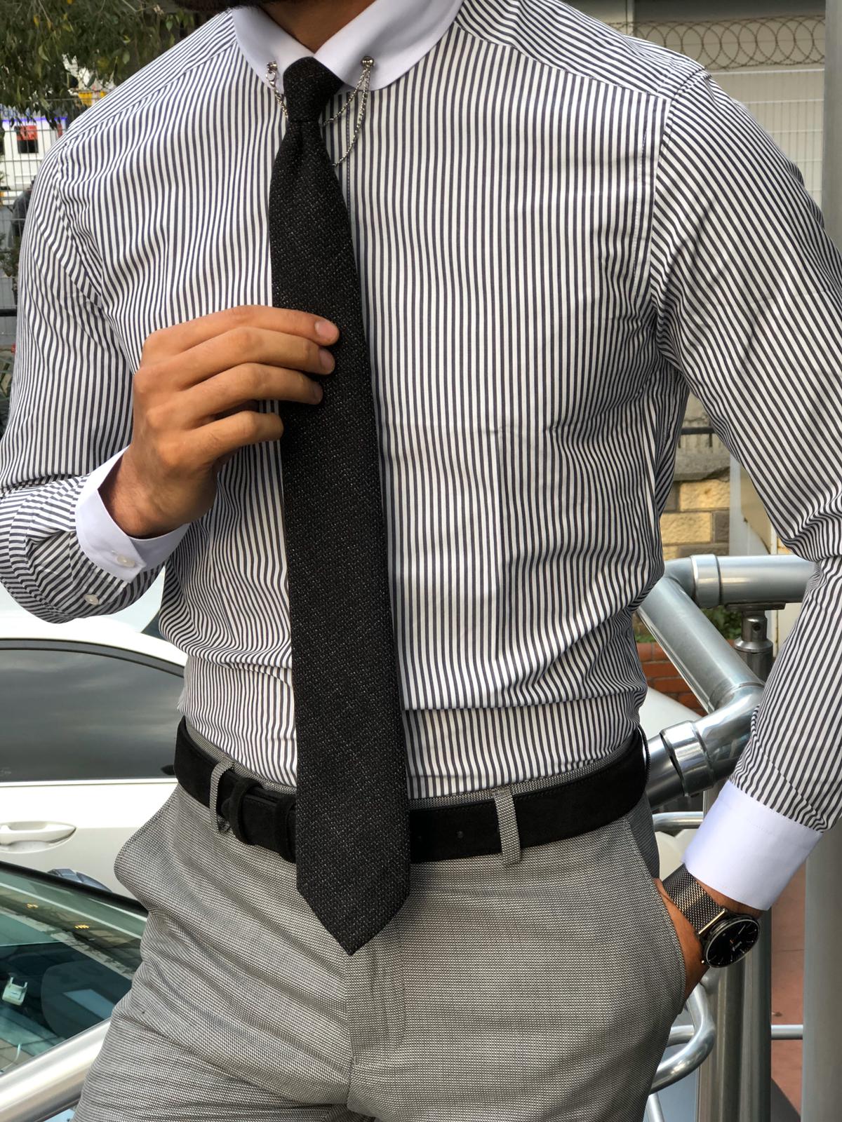Slim-Fit Striped Chain Collar Shirt Black-baagr.myshopify.com-Shirt-BOJONI
