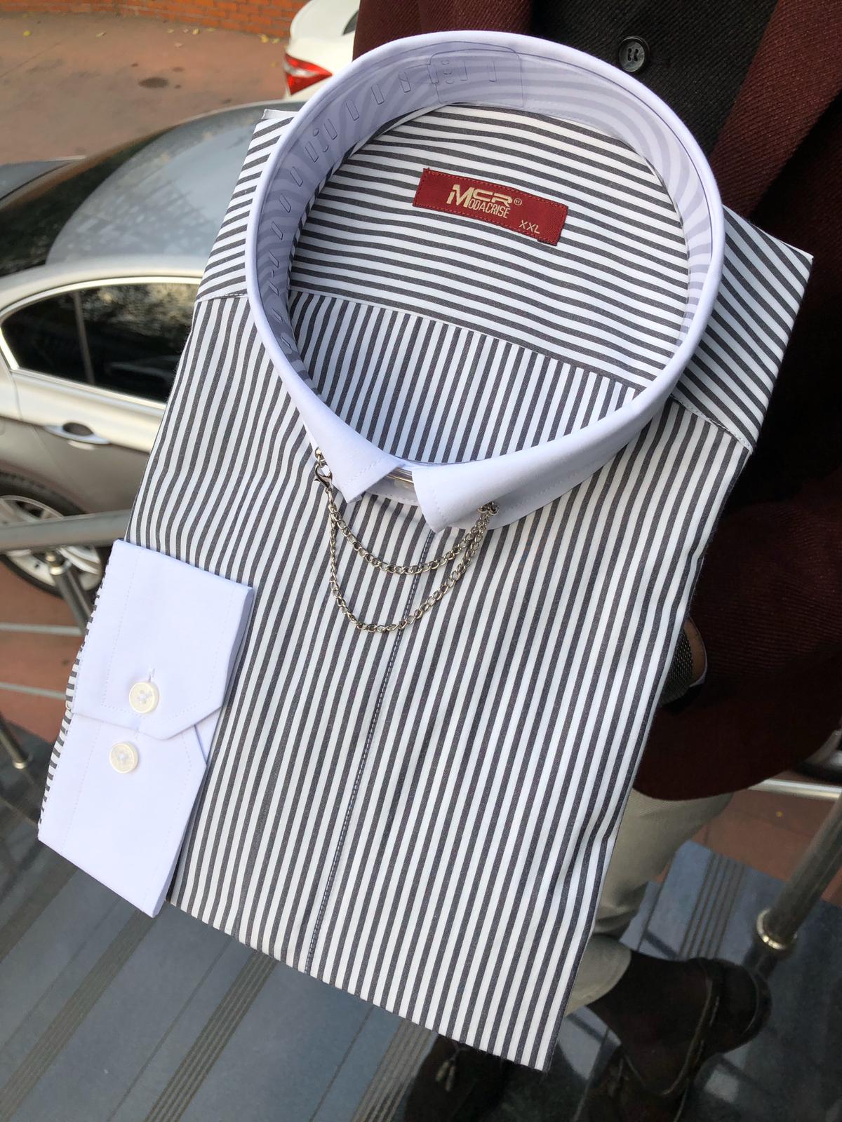 Slim-Fit Striped Chain Collar Shirt Black-baagr.myshopify.com-Shirt-BOJONI