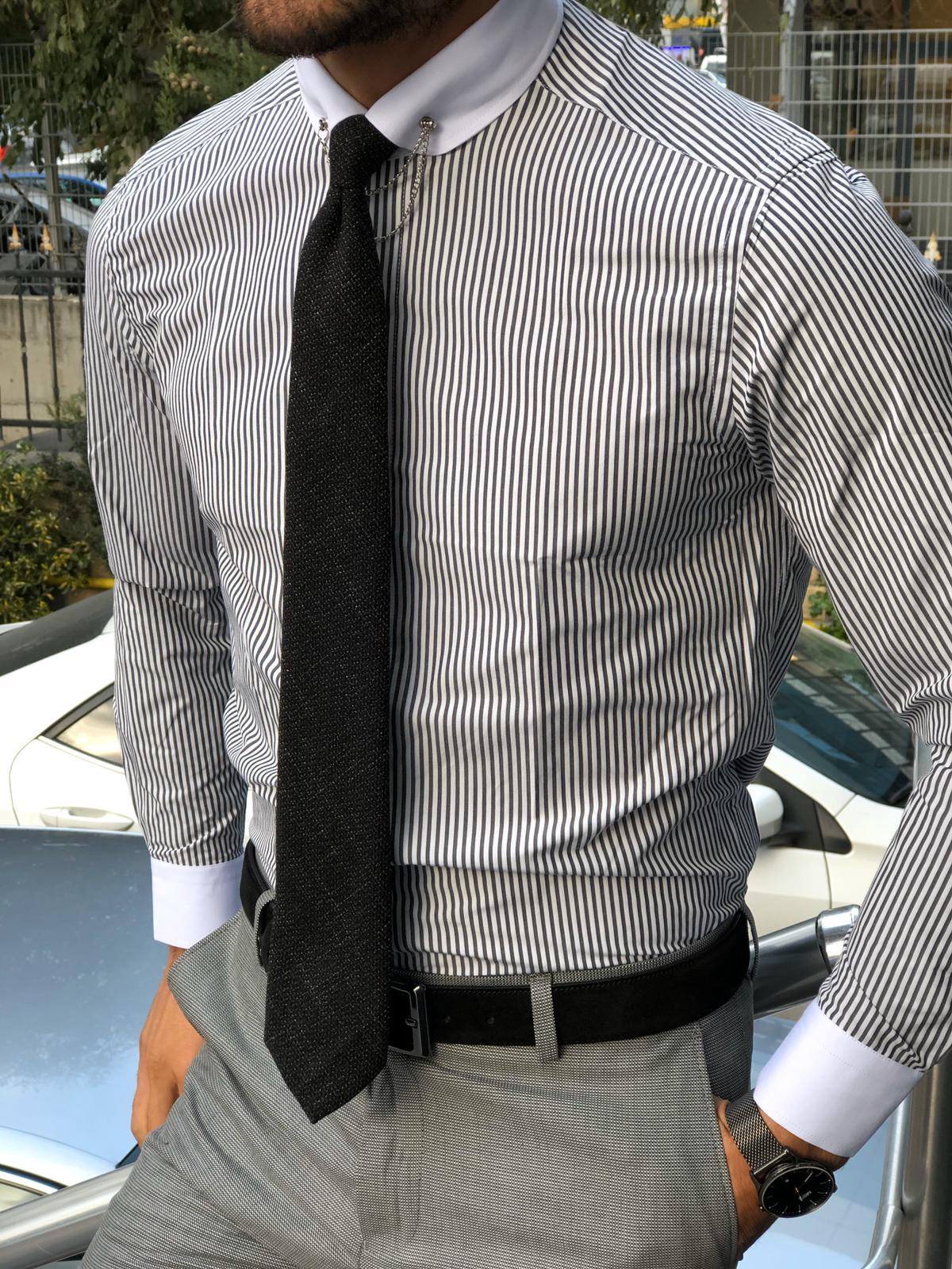 Slim-Fit Striped Chain Collar Shirt Black-baagr.myshopify.com-Shirt-BOJONI