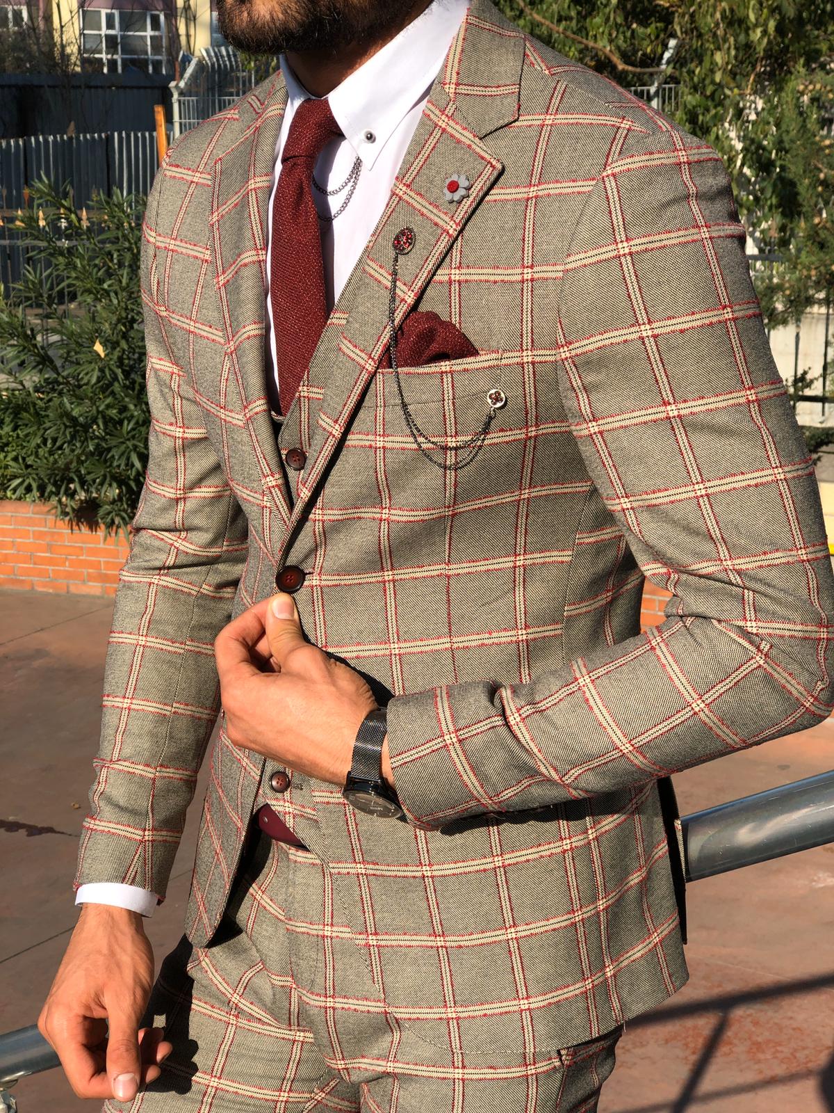 Toni Slim-Fit Plaid Suit Vest BURGUNDY-baagr.myshopify.com-suit-BOJONI