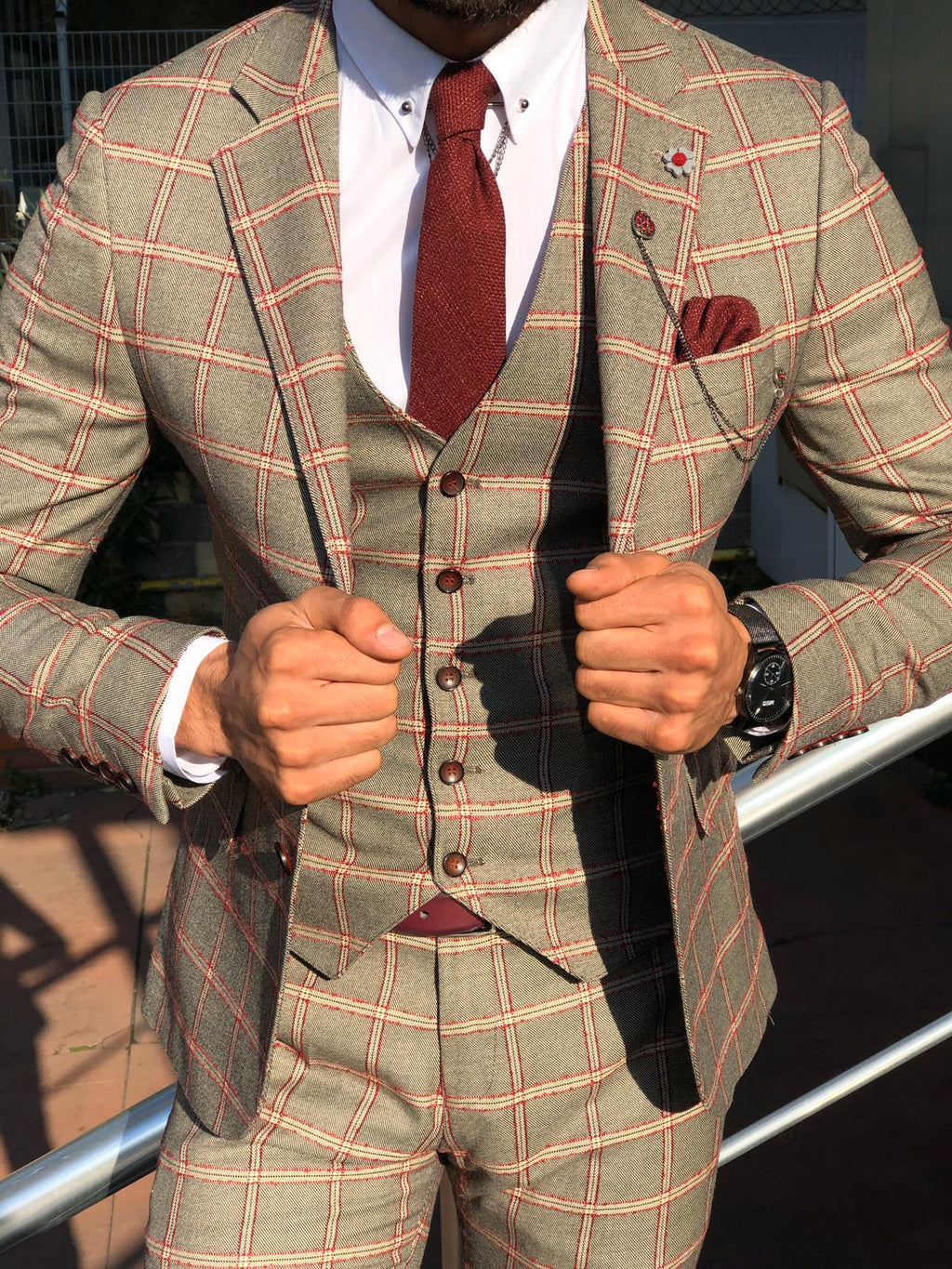 Toni Slim-Fit Plaid Suit Vest BURGUNDY-baagr.myshopify.com-suit-BOJONI