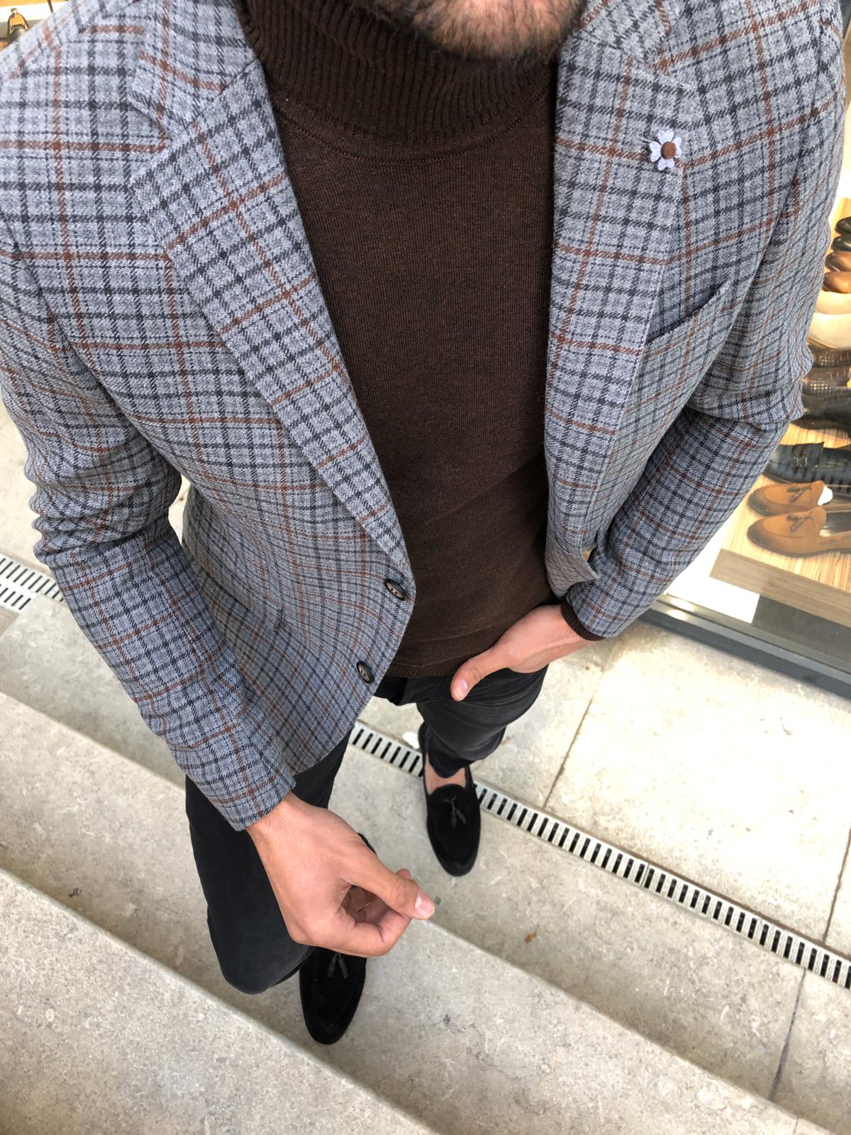 Bendi Slim-Fit Plaid Wool Jacket Gray-baagr.myshopify.com-blazers-BOJONI