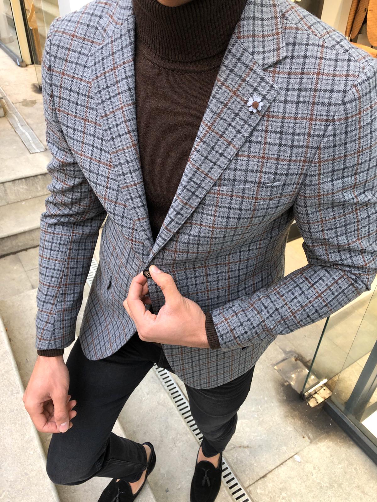 Bendi Slim-Fit Plaid Wool Jacket Gray-baagr.myshopify.com-blazers-BOJONI