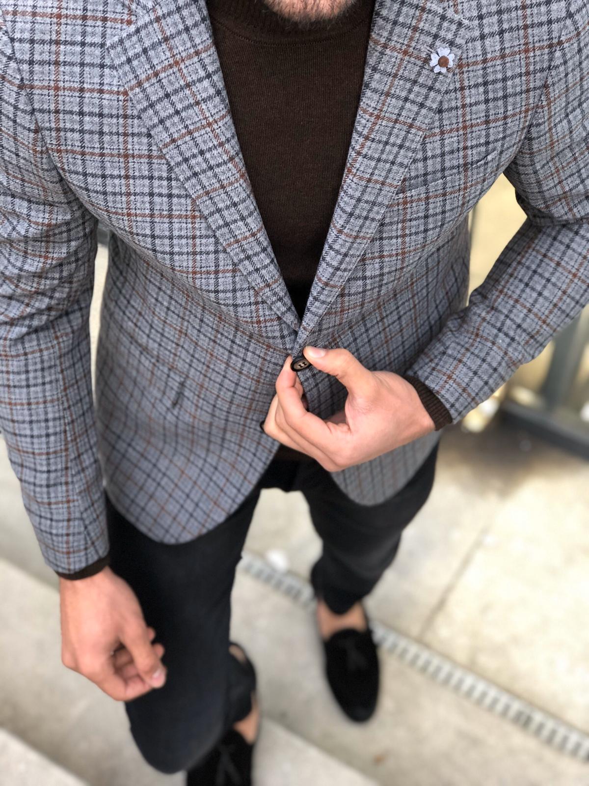 Bendi Slim-Fit Plaid Wool Jacket Gray-baagr.myshopify.com-blazers-BOJONI