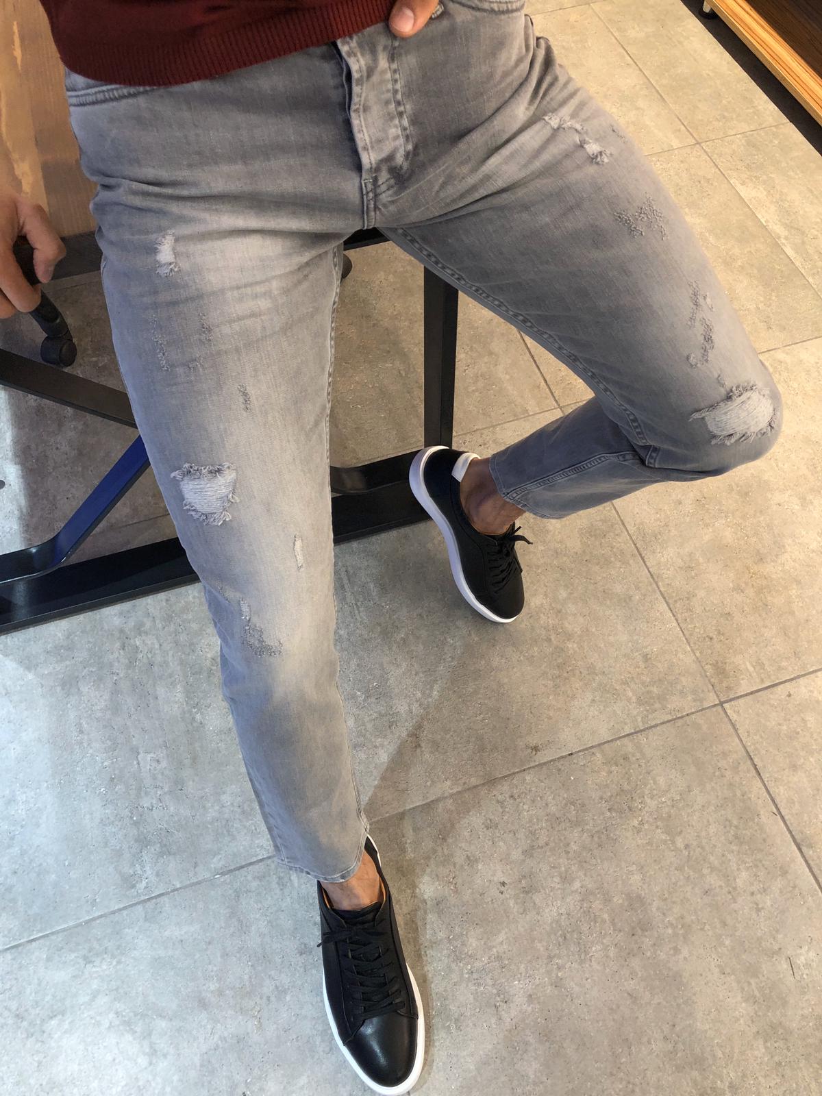 Paco Slim-Fit Ripped Jeans Gray-baagr.myshopify.com-Pants-BOJONI