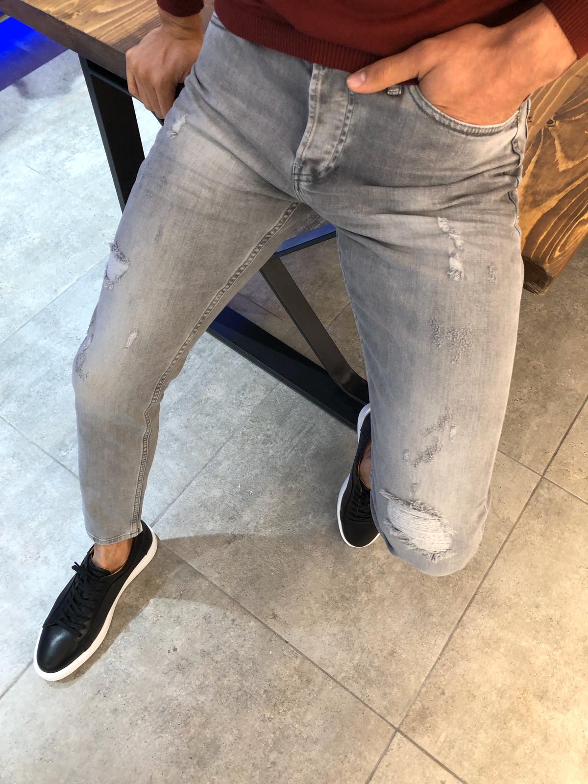 Paco Slim-Fit Ripped Jeans Gray-baagr.myshopify.com-Pants-BOJONI