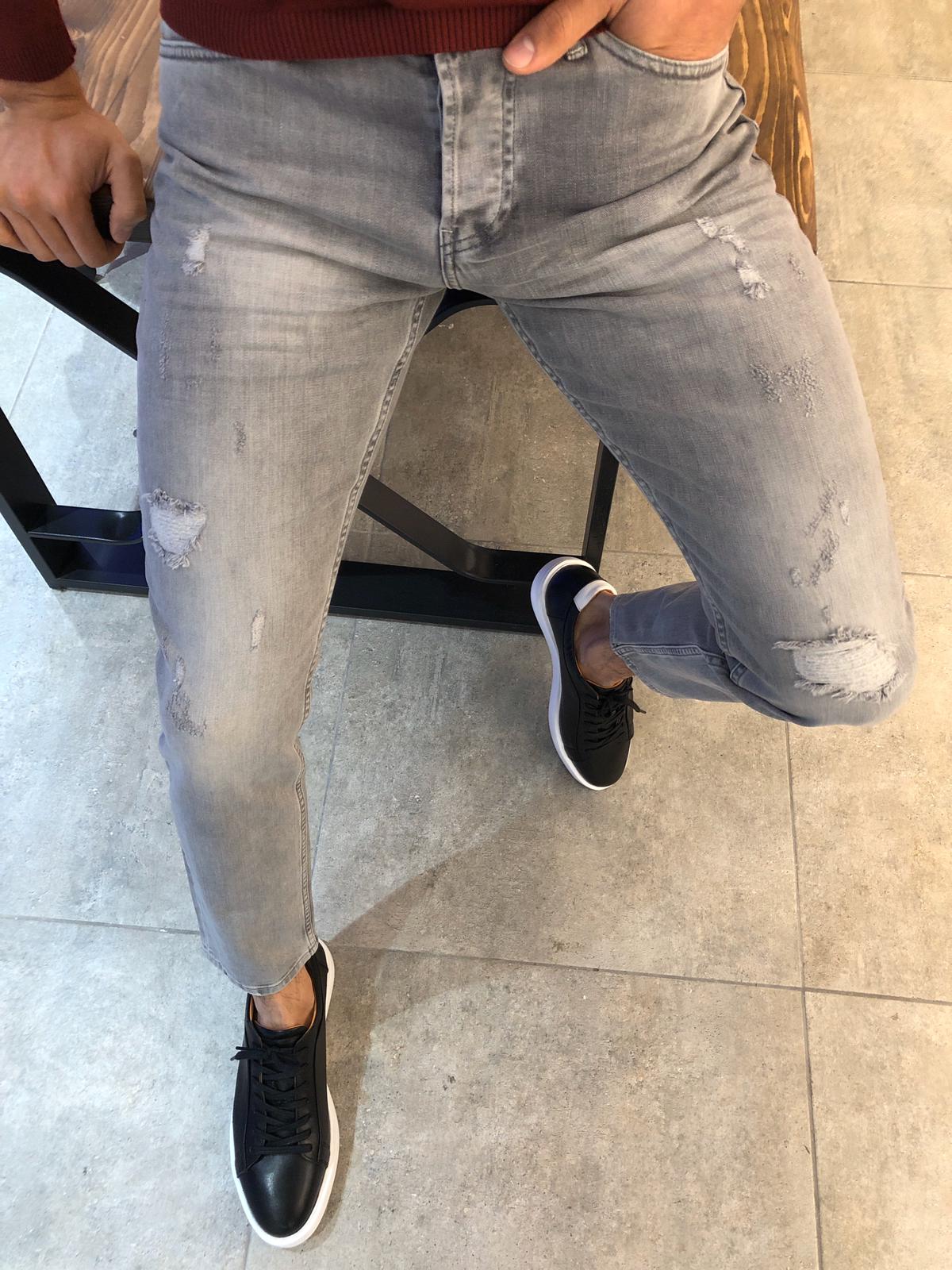 Paco Slim-Fit Ripped Jeans Gray-baagr.myshopify.com-Pants-BOJONI
