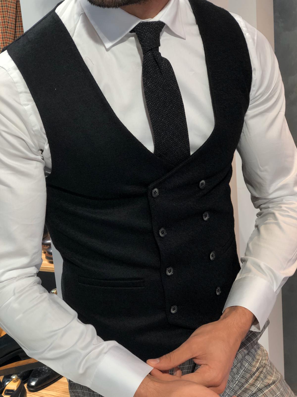 Slim-Fit Wool Double-Breasted Vest Black-baagr.myshopify.com-suit-BOJONI