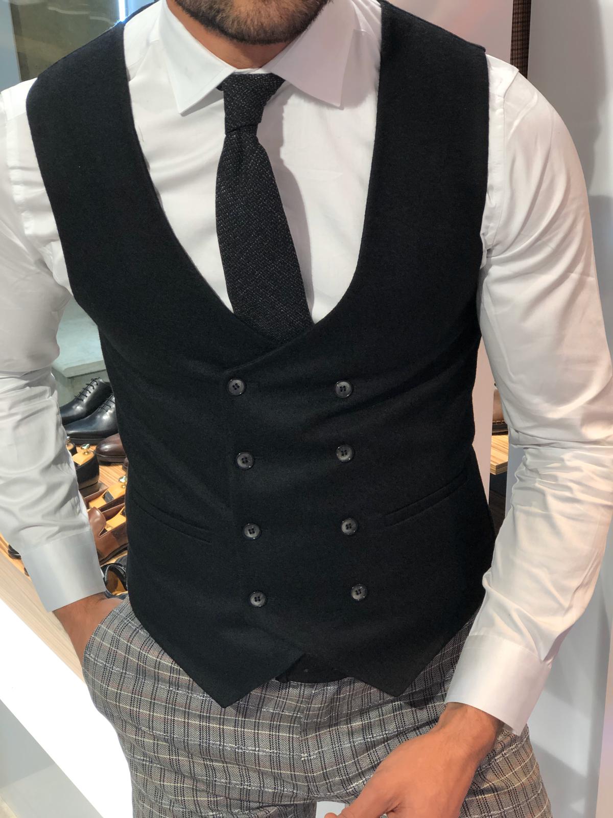 Slim-Fit Wool Double-Breasted Vest Black-baagr.myshopify.com-suit-BOJONI