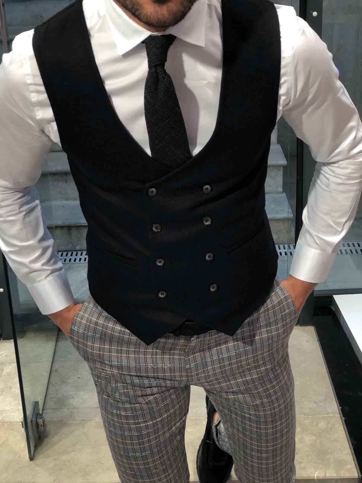 Slim-Fit Wool Double-Breasted Vest Black-baagr.myshopify.com-suit-BOJONI