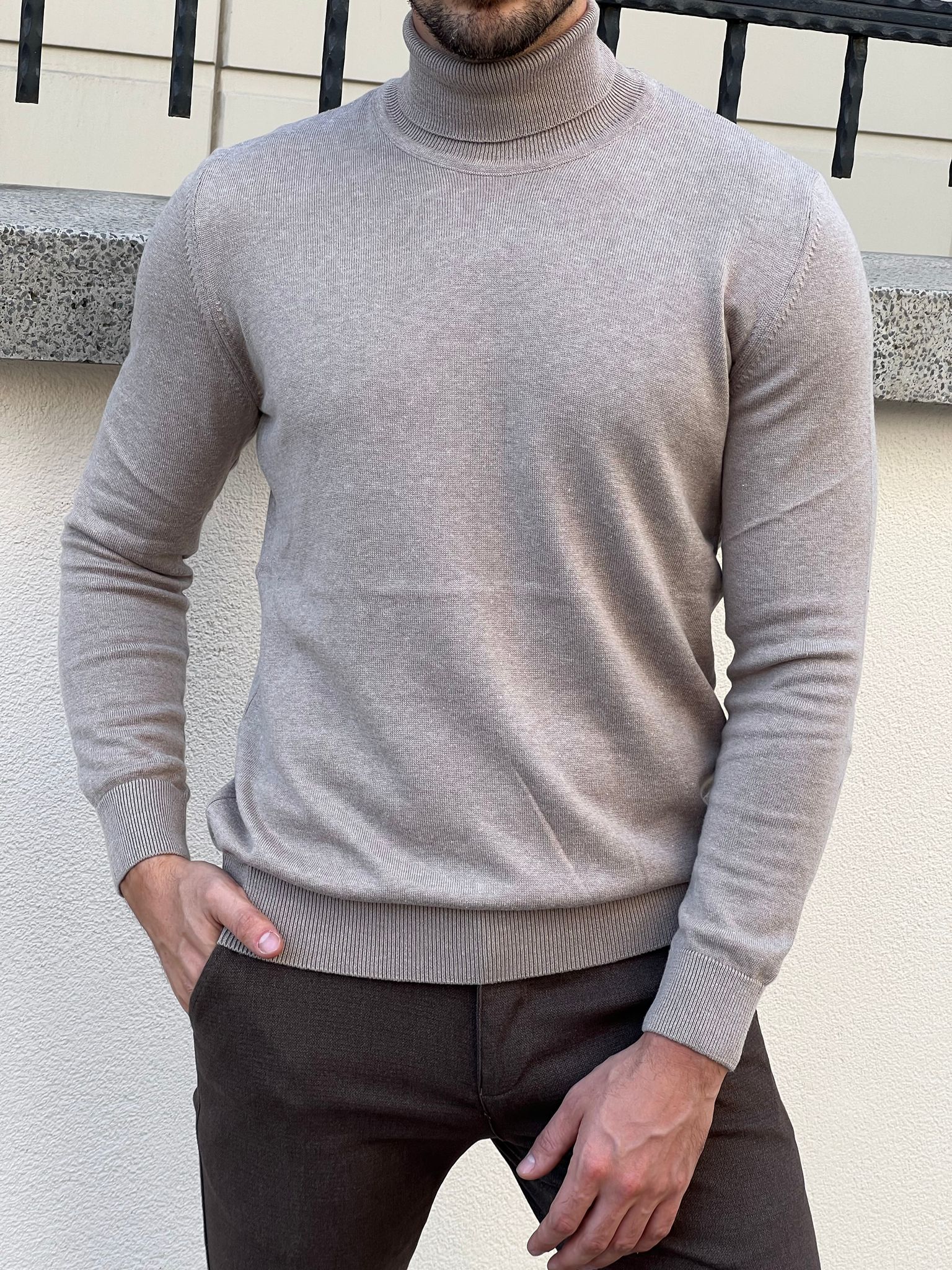 Bojoni Astoria Slim Fit Beige Turtleneck Sweater