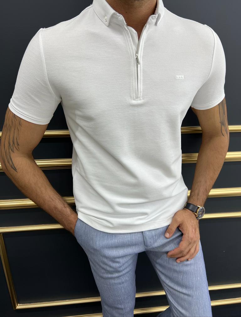 Bojoni Uluwatu Slim Fit White Zippered Polo Tees