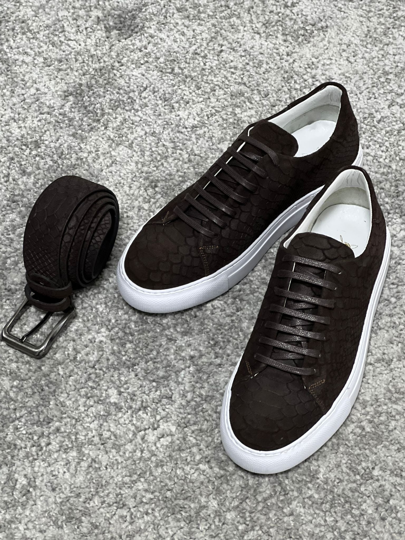 Louis Special Edition Rubber Sole Suede Print Leather Brown Sneakers