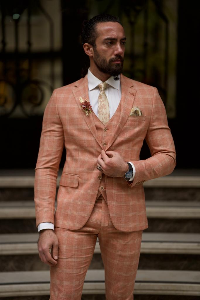 Bojoni Shagori Slim Fit Plaid Striped Tile Suit