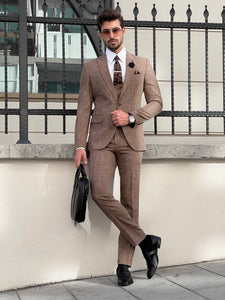 Bojoni Astoria Slim Fit Patterned Pointed Collared Camel Suit