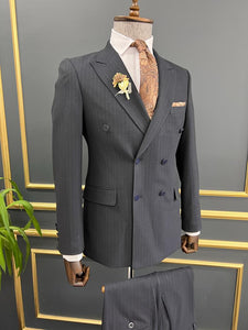 Rick Slim Fit Striped Double Breasted Blue Suit